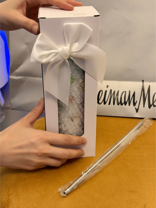 Noticed Atelier by Legzdiamond luxury monogram slim tumbler in a gift box with a white satin ribbon and metal straw