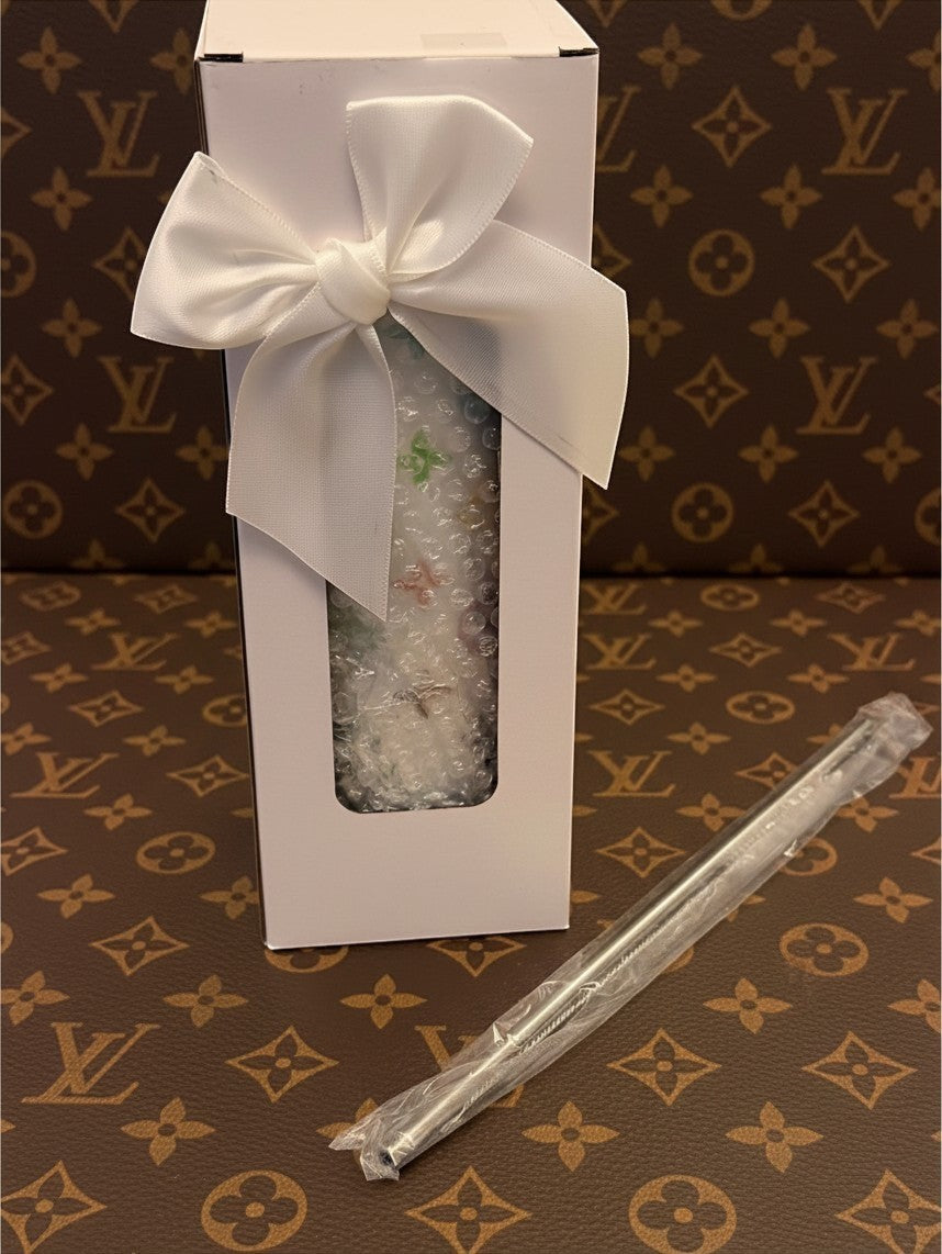 Noticed Atelier by Legzdiamond luxury monogram slim tumbler in a white gift box with a satin ribbon and metal straw