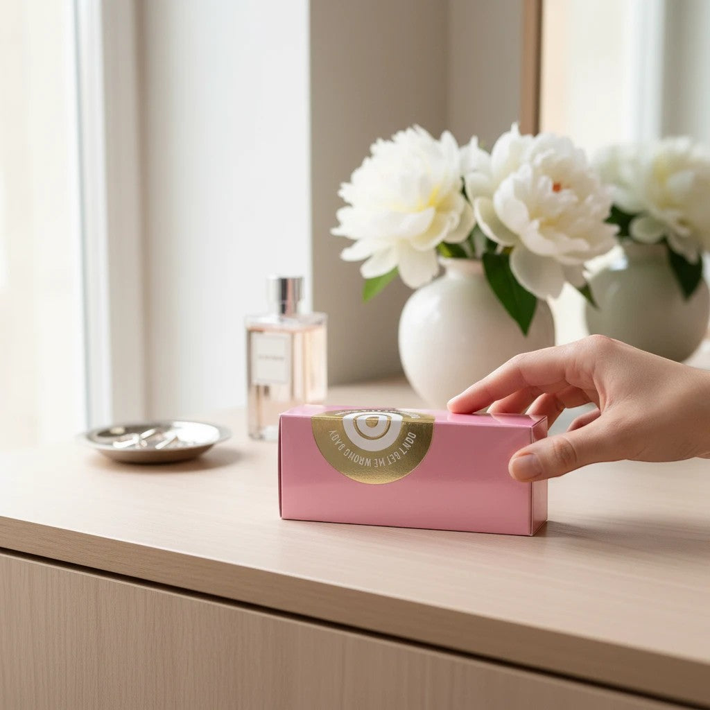 Noticed Atelier by Legzdiamond pink Yes I Do perfume box held by a hand on a vanity with white peonies in the background