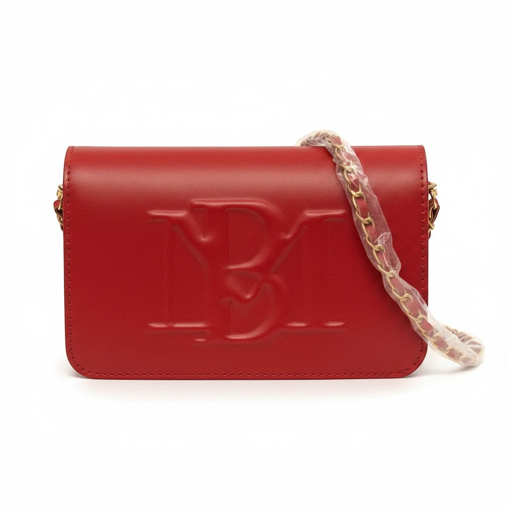 Noticed Atelier by Legzdiamond Badgley Mischka brick red vegan leather crossbody bag with gold chain strap