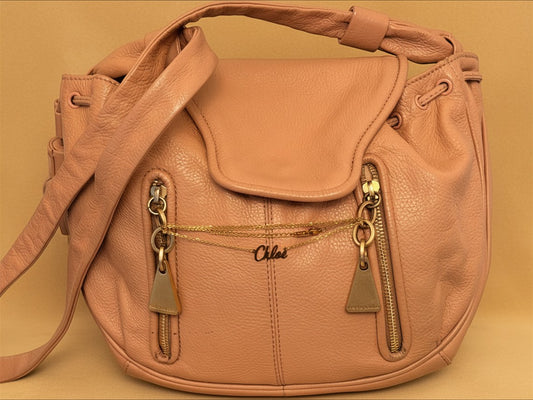 Noticed Atelier by Legzdiamond vintage See by Chloé rose gold leather clutch with signature chain and shoulder strap