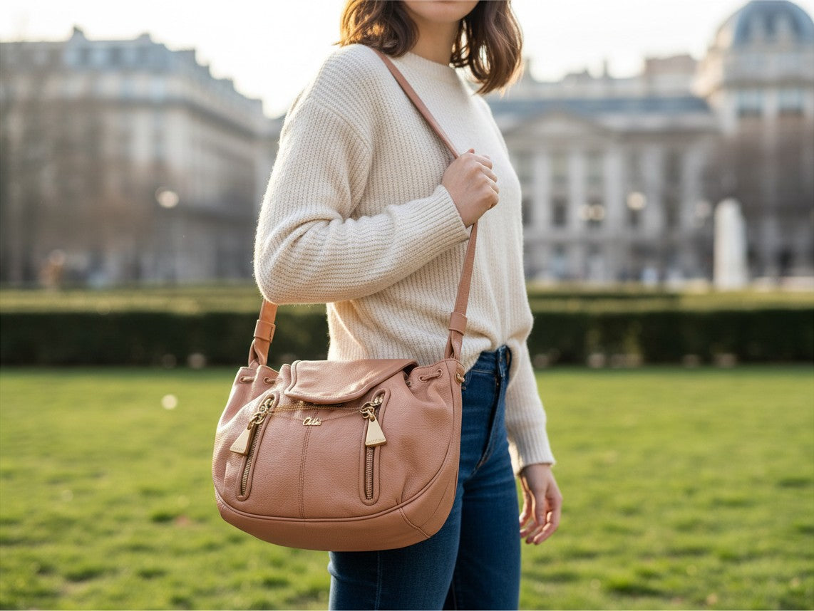 Noticed Atelier by Legzdiamond vintage See by Chloé rose gold leather clutch bag with chain strap worn on shoulder