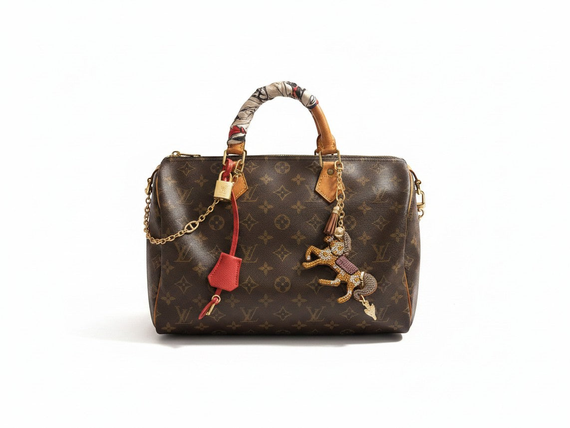 Noticed Atelier by Legzdiamond vintage Louis Vuitton Speedy 30 in monogram canvas with silk scarf and bag charm