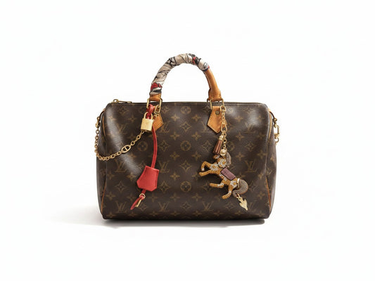 Noticed Atelier by Legzdiamond vintage Louis Vuitton Speedy 30 in monogram canvas with silk scarf and bag charm