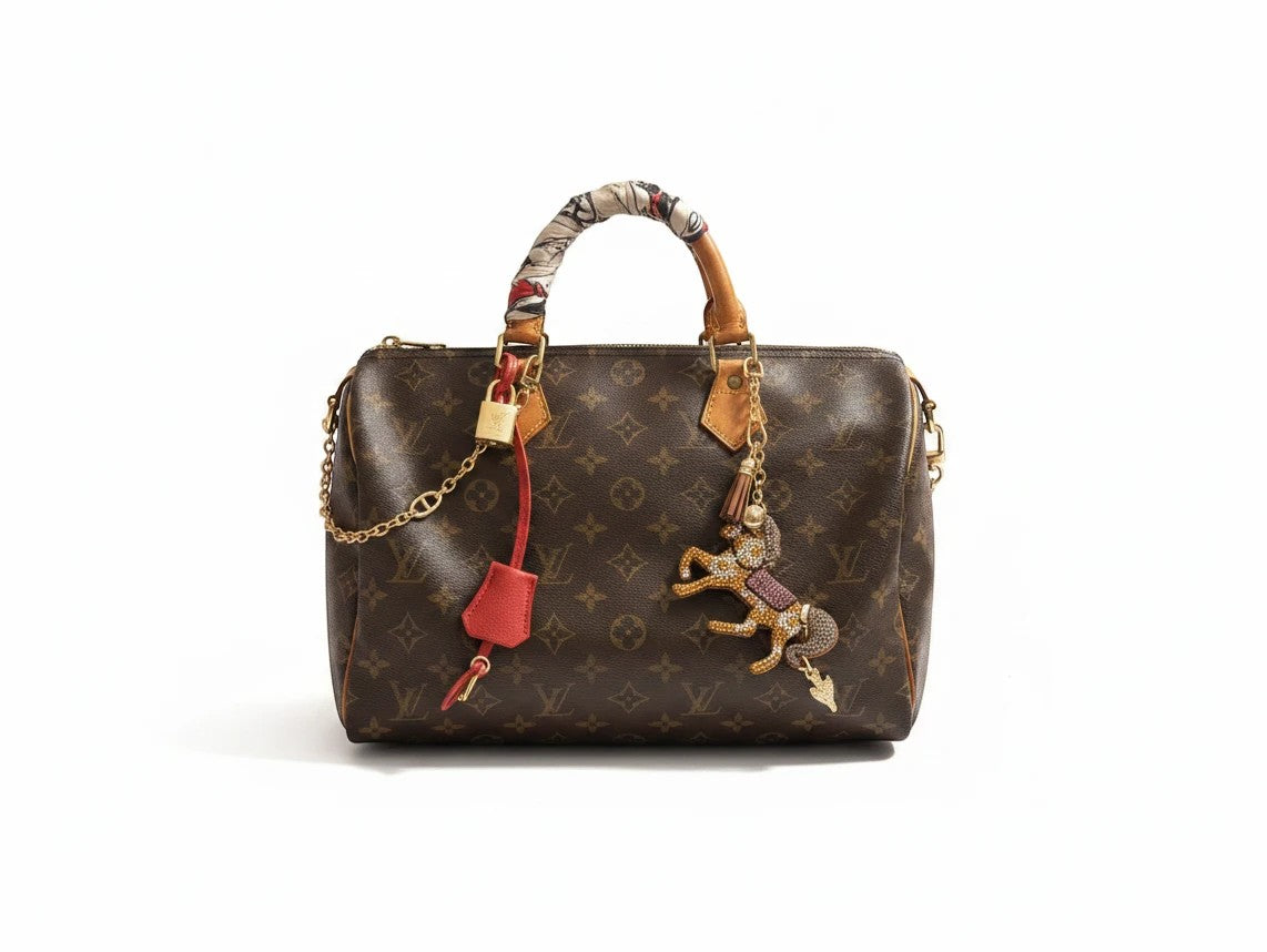 Noticed Atelier by Legzdiamond vintage Louis Vuitton Speedy 30 in monogram canvas with silk scarf and bag charm