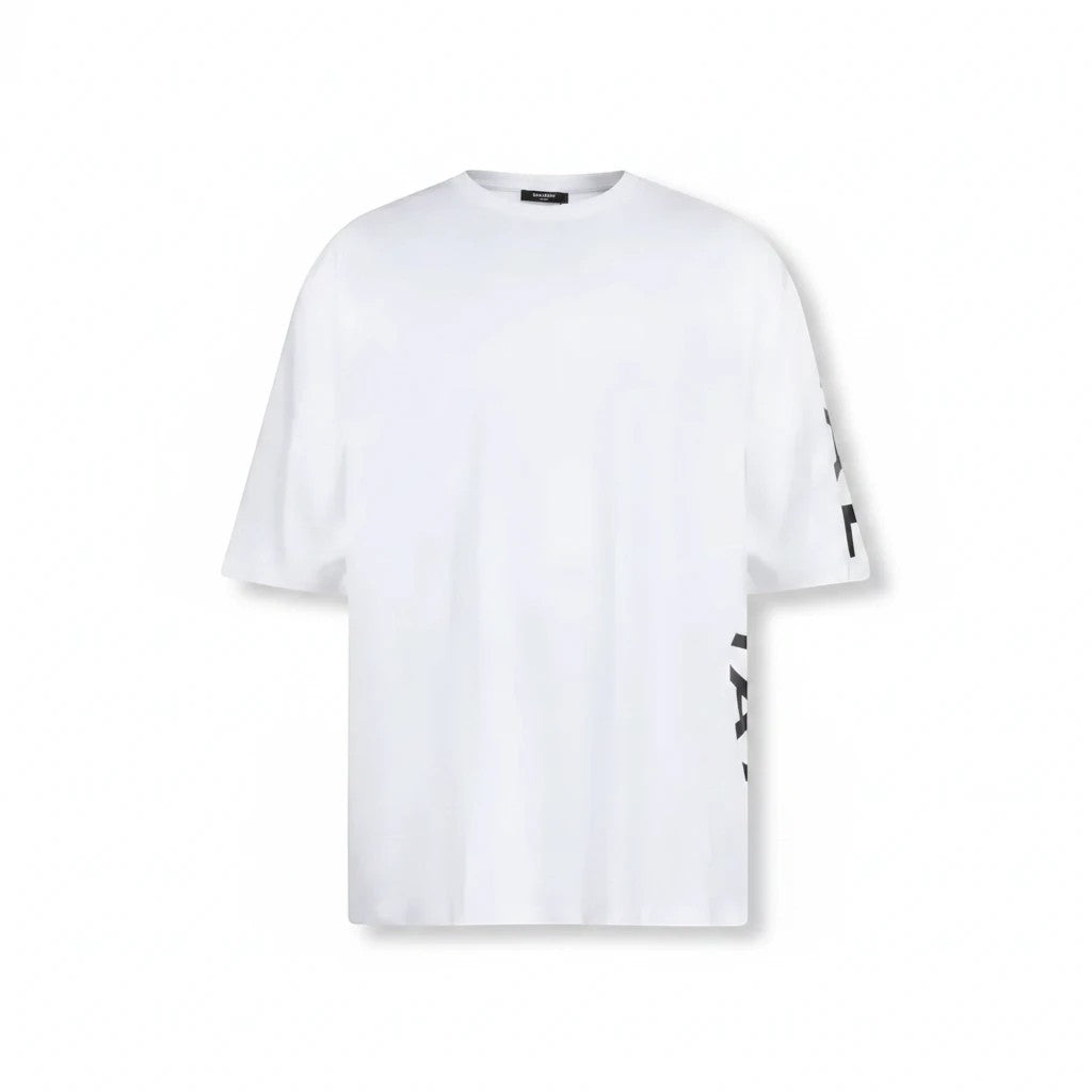 Noticed Atelier by Legzdiamond white Balmain men's oversized t-shirt with black logo detail on the side
