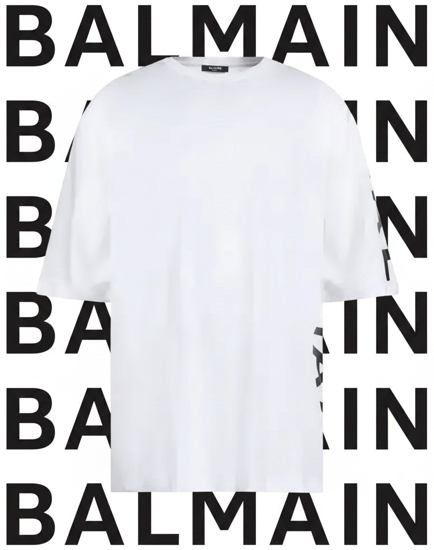 Noticed Atelier by Legzdiamond white Balmain men's oversized T-shirt with black logo detail on the side