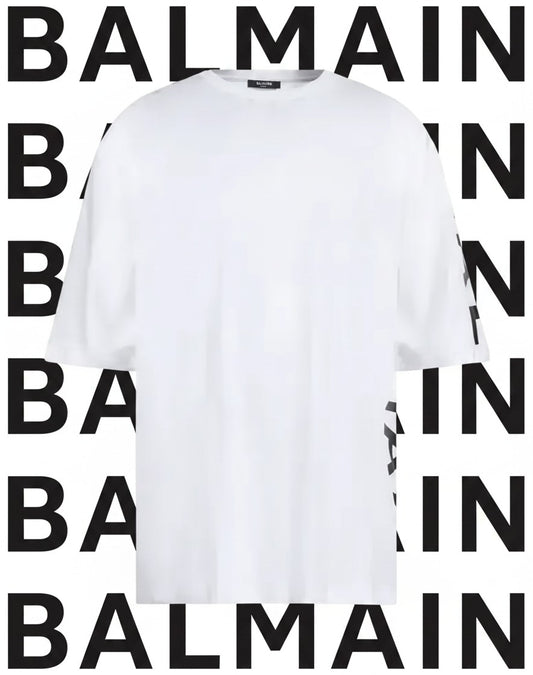 Noticed Atelier by Legzdiamond white Balmain men's oversized T-shirt with black logo detail on the side