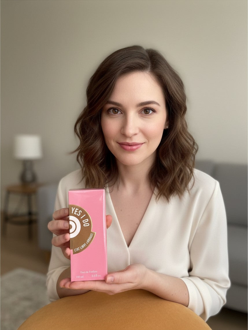 Woman holding a pink Etat Libre d'Orange Yes I Do perfume box, presented by Noticed Atelier by Legzdiamond.