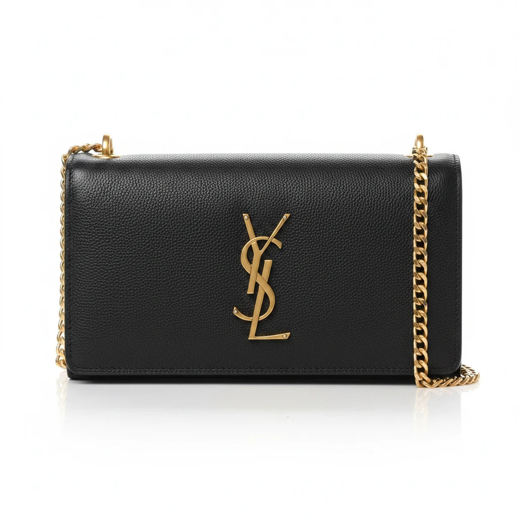 Noticed Atelier by Legzdiamond vintage Saint Laurent black leather wallet on chain with gold YSL logo and chain strap