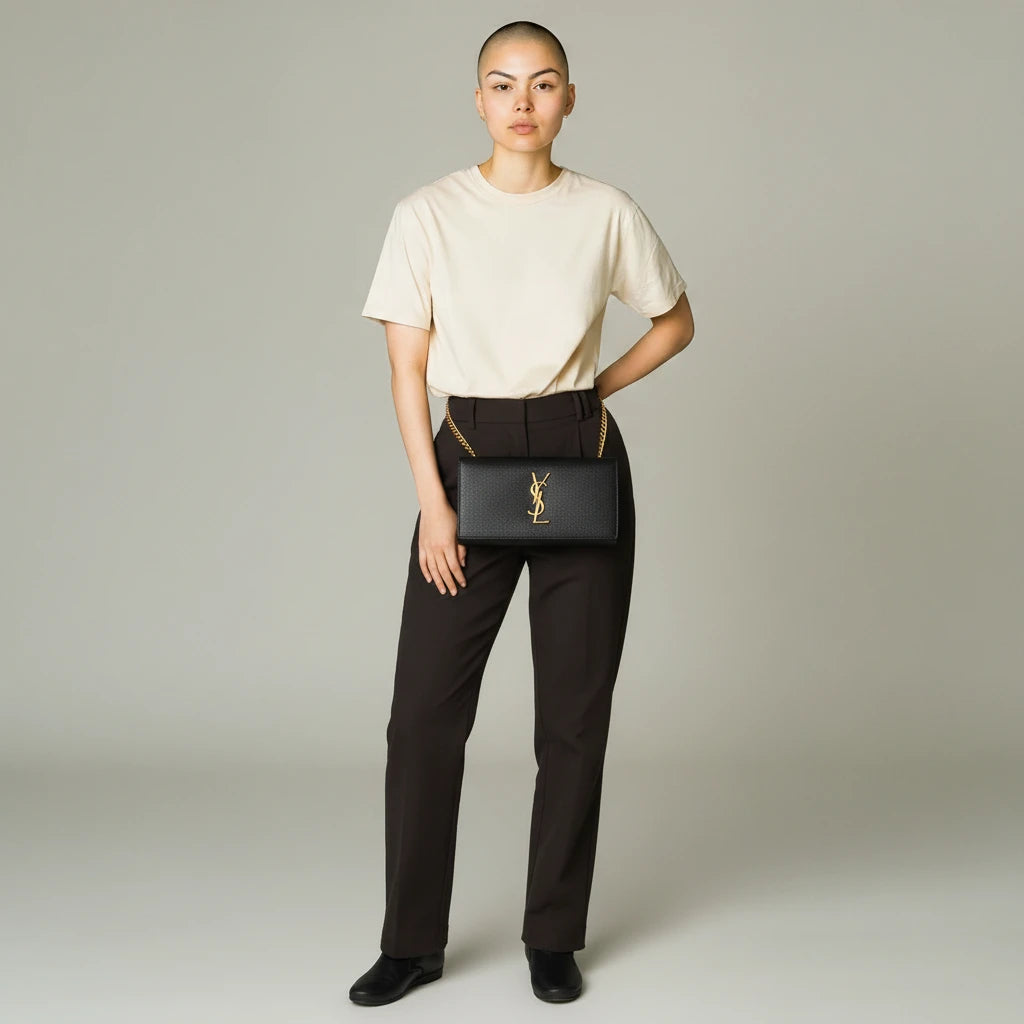 Model wearing a vintage black Saint Laurent Wallet on Chain with gold hardware from Noticed Atelier by Legzdiamond.